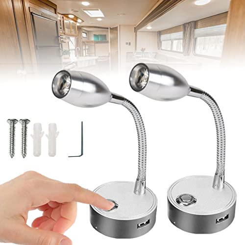 Etomvoop LED-Spot-Leselampe, 12 V, dimmbar, mit Knopfschalter, Wandhalterung, LED-Lampe, mit USB-Anschluss, Nachttischlampe für Wohnwagen, Boot, Wohnmobil, 2 Stück