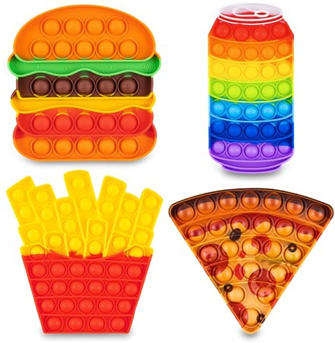 Pop Its Fidget Toys Pack 4 - Stress Relief Food Pop Its Poppers Fidget Poppet Toy - Autism Learning French Fry Pizza Hamburger Popits Push Pop Bubble Popping Sensory Toy for Kids