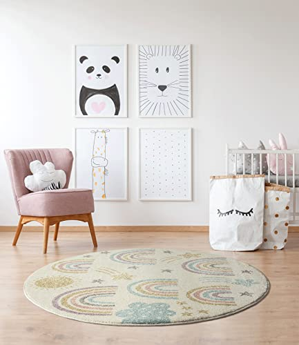the carpet Beat Kids Moderner Weicher Kinderteppich, Weicher Flor, Pflegeleicht, Farbecht, Regenbogen Muster, Creme-Mix, 120 cm Rund