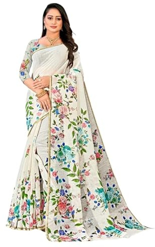 C J Enterprise Sari de algodón puro y suave para mujer, para sari de seda Kalamkari, diseño de fiesta, boda, sadi con blusa, sari sur mulmul ikkat mul estampado 2024 nuevo (Jeneliya blanco multicolor