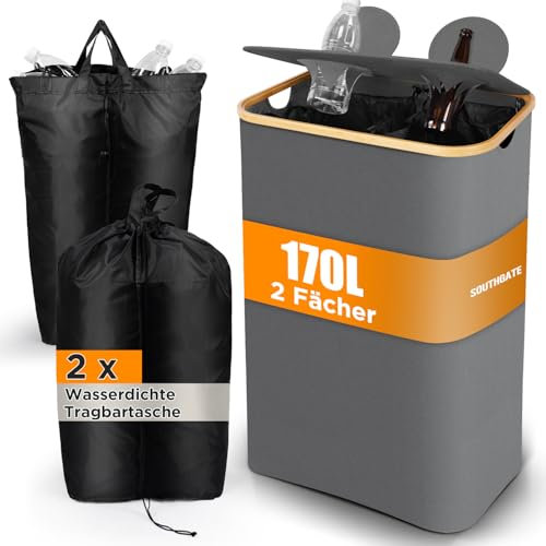 SOUTHGATE 170L Conservazione Delle Bottiglie con Coperchio, Pattumiera a 2 Scomparti, Alto Volume, Due Tasche Interne Riutilizzabili, Bottiglie di Plastica/Vetro Bidoni Raccolta Differenziata, Grigio