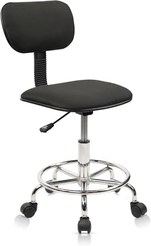 KLASIKA Drafting Chair Rolling Stool Adjustable Height with Back Support Foot Rest and Wheels Multi-Purpose Desk Chair for Home Office Bar Kitchen Shop, Black, 1 Pack