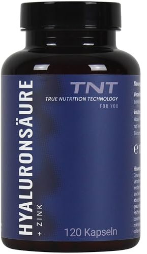 TNT Hyaluronsäure + Zink (120 vegane Kapseln) • 4 Monatsvorrat • Hyaluron Kapseln hochdosiert • 500mg Hyualuronsäure + 10mg Zinkbisglycinat pro Kapsel • 100% Vegan • Made in Germany