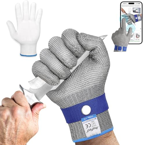 AmzFirst Schnittschutzhandschuhe küche, Leistungsfähiger Level 9 Schutz, Touchscreen Edelstahl Draht Metall Mesh Arbeitshandschuhe, Kettenhandschuh, Austernhandschuh, 1 Stück, größe 8/M