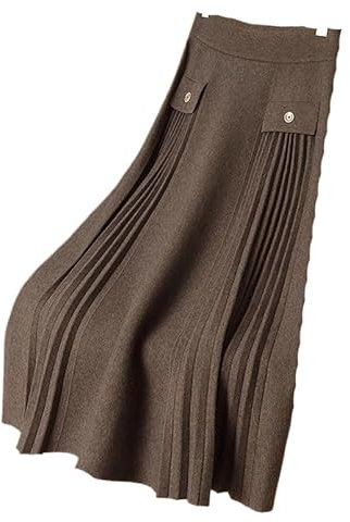 Falda De Punto Mujer - Falda Plisada De Punto para Otoño E Invierno, De Talla Grande, Engrosada, De Color Sólido, De Cintura Alta, De Longitud Media, Adelgazante, Marrón, Talla Única