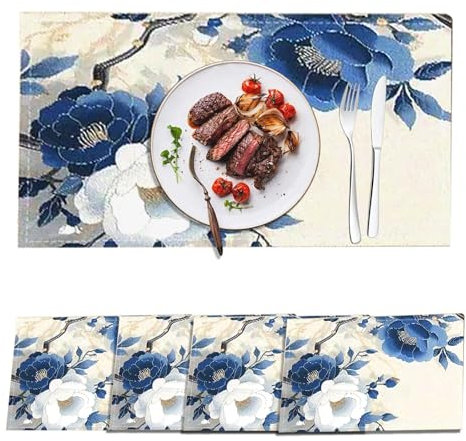 FOSDICK Juego de 4 Manteles Individuales Lavables Lino, Salvamanteles Individuales Flores, Mantel Individual Antideslizante Decoración de Mesa, Interior, Vacaciones, Fiesta, 30 X 45 cm