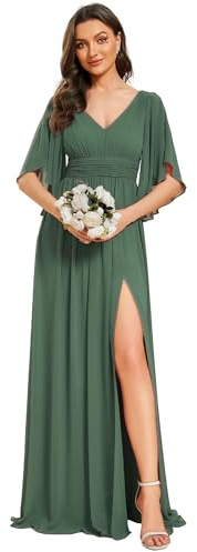 Ever-Pretty Vestidos Largos de Dama de Honor Elegantes Mangas con Volantes y Cintura Imperio Formal Verde Eucalipto 38