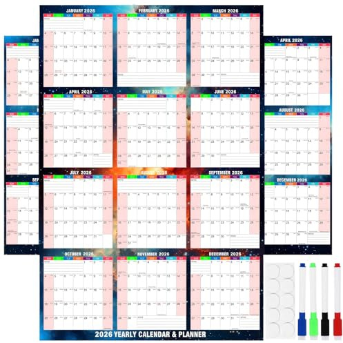 Calendrier mural 2026 pour toute l'année, calendrier mural effaçable et réutilisable, planification pour toute l'année, adapté pour le bureau, la maison et l'école
