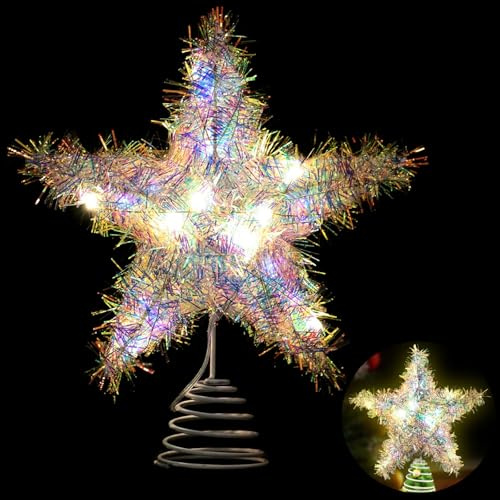 Joycabin Estrella para la punta del árbol de Navidad de 20 cm con luz LED parpadeante, estrella de Navidad decorativa con luces para Navidad, fiesta, tradición, decoración de árbol de Navidad
