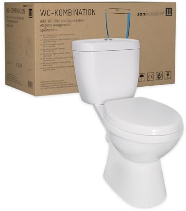 sanicomfort Stand-WC Kombination Abgang waagerecht, inklusive WC-Sitz, Tiefspüler weiß, spülrandlos