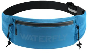 WATERFLY Running Belt Fanny Pack: Breathable 3 Pocket Waist Bag for Men Women Workout Exercise Fitness Phone Holder Fits All Phones - Runner Marathon Jogging Race Belt with Bib Clip Blue