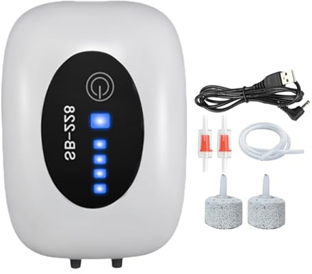Akvarieluftpump – 2 utlopp uppladdningsbar bärbar tyst akvarieluftpump med USB-laddning, dubbla lägen luftare intelligent avstängning för akvarier, inomhusakvarier, dammar, fontäner, hydroponik