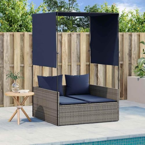 mtlskopl Double Sun Lounger Outdoor Chaise Lounge 1061 lb, Gray Navy 42x18x29 Poly Rattan with Roof Curtains Patio Garden Balcony