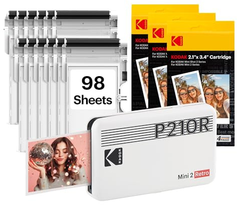 KODAK Mini 2 Retro Stampante Fotografica Portatile 5,3 x 8,6 cm, 98 Fogli, Stampante Bluetooth per Smartphone iPhone & Android, Stampa a Colori Istantanea, Sublimazione 4PASS