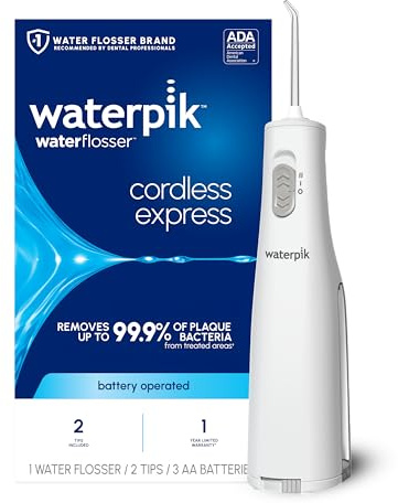 Waterpik Cordless Express Water Flosser, Battery Operated & Portable for Travel & Home, ADA Accepted, Waterproof for Shower Use, White WF-02, Packaging May Vary