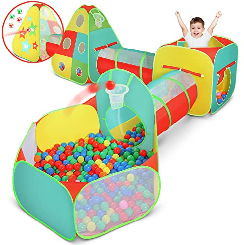 Kids Play Tent for Toddlers, 5pc Toddler Jungle Gym Playset with Ball Pit, Crawl Tunnel and Obstacle Course, Indoor Outdoor Playhouse Toy for Boys and Girls