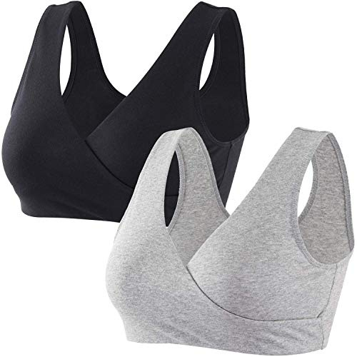 ZUMIY Amnings-BH, bygellös och sömlös behå, bomulls-bh för graviditet och amning, bekväm trådlös sov-bh, Svart + grå/2-pack, XL