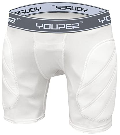 Youper Boys Youth Padded Sliding Shorts with Cup Pocket for Baseball, Football, Lacrosse (White Grey, Medium)