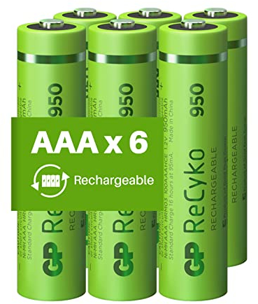 Piles Rechargeables AAA - Lot de 6 Piles | GP Recyko | Batteries AAA LR3 Rechargeables 950 mAh NiMH - Pré-Chargées et Haute capacité | pour Utilisation Quotidienne dans Tous Vos appareils