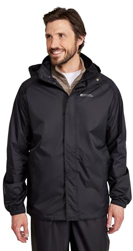 Mountain Warehouse Pakka Mens Waterproof Packable Jacket - IsoDry, Lightweight & Breathable Raincoat with Taped Seams & Packaway Bag - For Spring Summer & Travel Black S