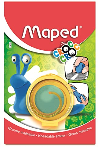Maped - Gomme Bleue CROC CROC Malléable - Gomme Molle et Étirable - Fort Pouvoir d'Effaçage - Boite de protection Hermétique en Forme d'Escargot