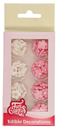 FunCakes Decorazioni di Zucchero Piccoli Fiori Mix Bianco e Rosa, Pronti all'Uso per la Decorazione di Torte, Facile per Cupcake, Muffin e Altro, Set e 64