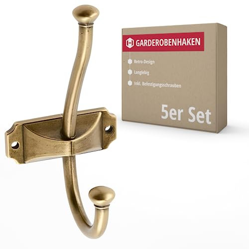 Gedotec Garderoben-Haken aus Metall | 5 Stück | Oberfläche: Messing antik - Länge: 134 mm - Breite: 66,5 mm | ANTON | Vintage Stil | Kleiderhaken für zu Hause | Garderobenleiste