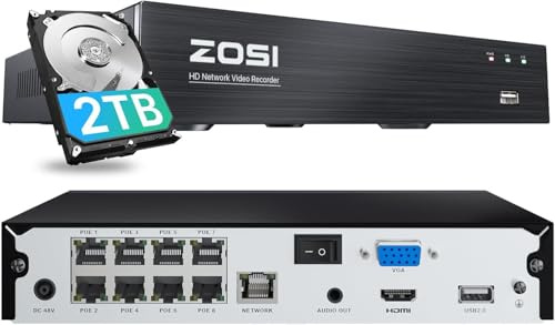 ZOSI Sistema de cámara de seguridad PoE 4K de 8 canales con disco duro de 2 TB, 8 puertos, grabadora NVR de video de 16 canales 8 MP para sistema de vigilancia del hogar, funciona con cámaras IP ZOSI