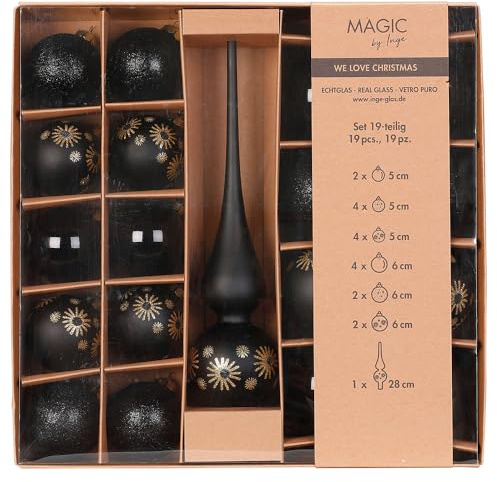 Magic by Inge - Weihnachtskugeln Set 19-teilig Ebony Black, mit Christbaumspitze und Kugeln, Christbaumschmuck Glas