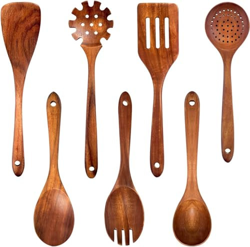 IHKFILAN Wooden Spoons, 7 Pcs Teak Wooden Utensils for Cooking, High Temperature Resistance Comfortable Grip Kitchen Utensils Set, Nonstick Healthy Wooden Kitchen Cookware (Brown-A)