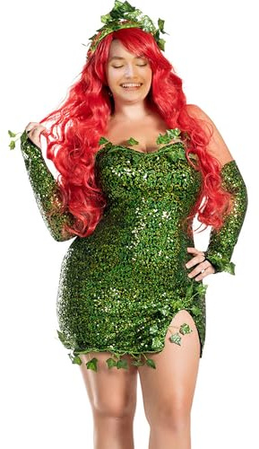 Halloween giftig murgröna kostym för kvinnor, grön gift murgröna cosplay ärmlös falska löv paljettklänning med handskar set (grön, S)