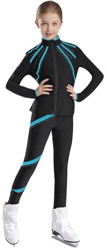 Xnihocha Kinder Sportbekleidung Mädchen Set Langarm Eiskunstlauf Jacke +Lang Leggings Zweiteiliger Gymnastik Yoga Trainingsoutfit Blau Grün 146-152