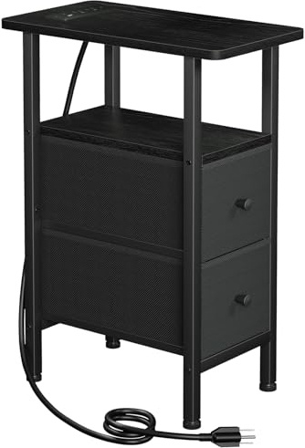 LOAKEKEL Narrow End Table Living Room with Charging Station, Skinny Side Table with Fabric Drawers, Slim Nightstand for Bedroom, Small Spaces, Couch, Black, HETNDP02BK-1