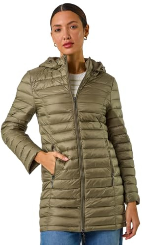 Roman Originals Women Padded Longline Coat with Hood - Ladies Zip Through Autumn Winter Long Length Lightweight Quilted Warm Cosy Everyday Zip Up Casual Jackets Coats - Khaki - Size 10
