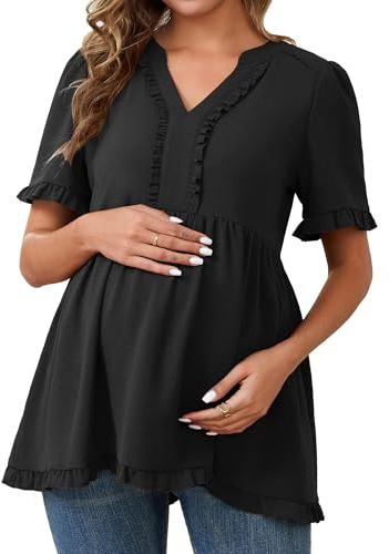 MARI GABRIEL Women Maternity Blouses Boho Ruffled V Neck Short Sleeve Shirts Flowy Loose Casual Tops Clothing 2025 Black L