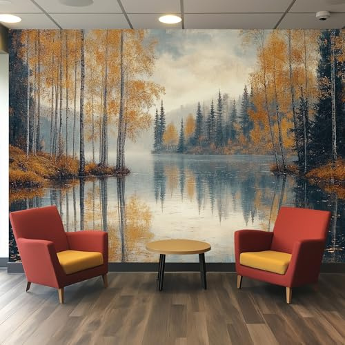 Wallpaper Lake Forest Wall Mural, Autumn Trees Beautiful Scenery Photo Wallpaper for Living Room Bedroom, 450 x 315 cm &WQ1