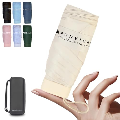 Ponviora Compact Mini Windproof Travel Umbrella-UPF 50+ Sun & Rain Protection, Small Folding Design Fits in Pocket or Purse, Lightweight Portable with Case for Women, Men & Kids (Beige)