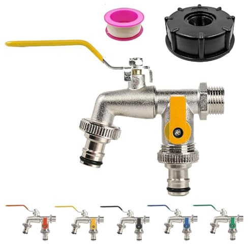 Aluminum Alloy Outside Tap Kit, Double Outlet Garden Tap, Universal Stainless Steel Double Outlet Gardenss Water Faucet, Outdoor Water Taps Valve with Doubles Outletss, for Washing Garden (Yellow)