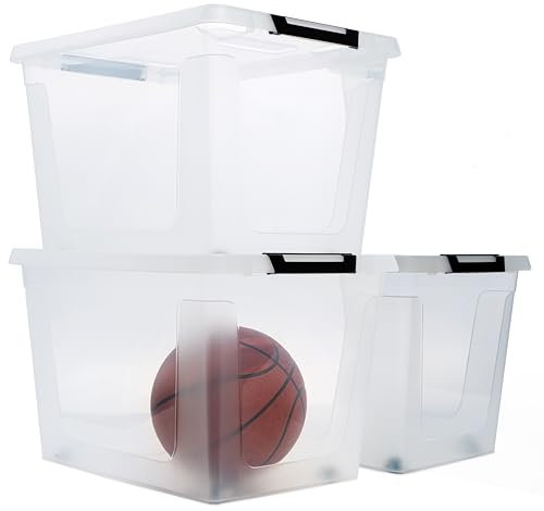 Hausfelder Aufbewahrungsboxen mit Deckel 60 Liter, 3 Stück, Stapelboxen groß, durchsichtige Ordnungsboxen (Transparent, 3 x 60 L)