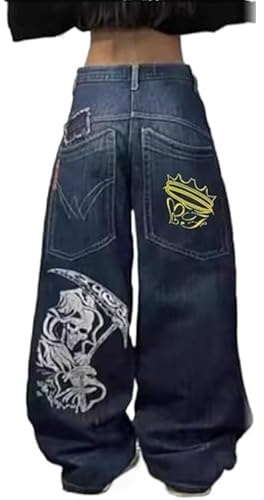 Generico Jeans Streetwear Y2K Donna Baggy Hip Hop Goth Cotone Denim Pantaloni a Vita Bassa Vintage Punk Gamba Larga Trousers in Denim Casual Pantaloni Cargo con Bottoni e Tasche