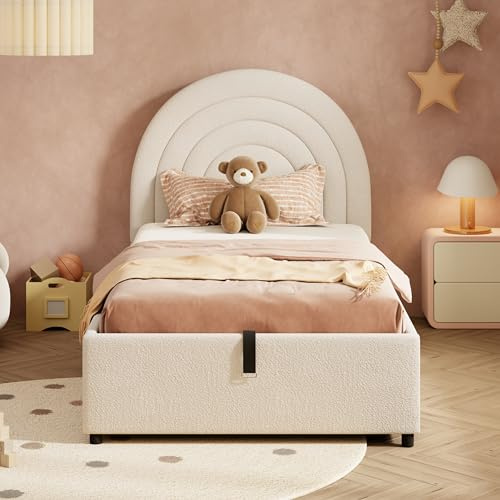 MYBOO 3ft Single Bed Frame with Hydraulic Storage, Functional Upholstered Ottoman Bed with Wooden Slats, Boucle Fabric Gas Lift Up Storage Bed Youth Beds for Adults Kids Teenagers, No Mattress, Beige