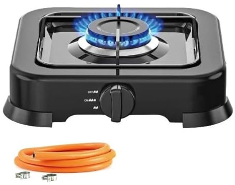 Hornillo Cocina de Gas 1 Fogon portatil + Manguera de presion estufa para camping, casa, terraza, jardin.