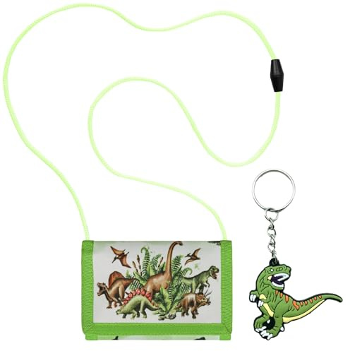 VIDSTW Portafoglio Bambino E 1 Portachiavi Portafoglio Ragazzo Design a Forma Dinosauro Borsa da Collo per Bambini Regolabile per Festa dei Bambini Natale Compleanno Capodanno