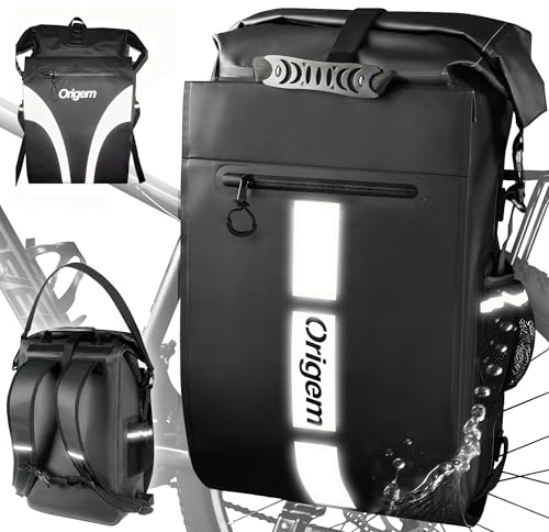 Origem 32L Borsa Bici Posteriore Impermeabile, 3-in-1 Borsa Bicicletta, Borse Laterali Bici Convertibile in Zaino da 2 sec con Strisce Riflettenti per Viaggo Ciclismo Pendolarismo Bikepacking Moto