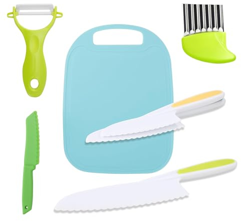 CUPERINOX Cuchillos Niños | Juego de Cuchillos Infantiles de 8 Piezas | Kit Cocina Método Montessori Aprendizaje +2 Años | Incluye Tabla de Cortar, Pelador y Cuchillo de Madera (8)