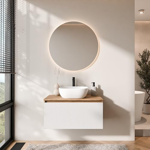 Planetmöbel Arisa - Set di mobili da bagno con mobiletto da 80 cm, colore oro rovere bianco (scanalato) con specchio NOVA, lavabo da 42 cm, colore: Bianco