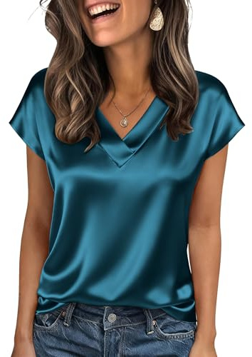 Zeagoo Chemisier Femme Satin Manches Courtes col V Été Soie Élégante Blouse | Couleur Unie Silk Tshirt| Business Shirts| S-XXL