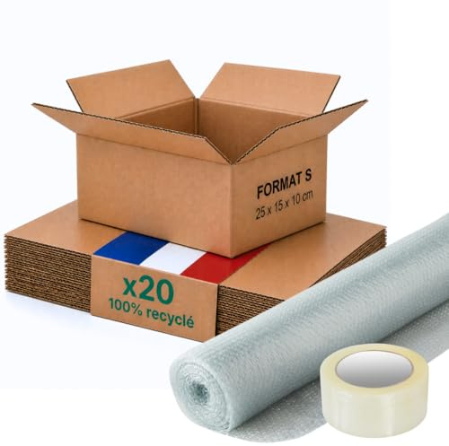 Caisse carton emballage colis S - Lot de 20 + film à bulles + adhésif - 25 x 15 x 10 cm - Renforcé - bijoux, téléphones, e-commerce - Life Pack