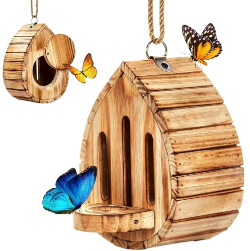 Wooden Butterfly House for Outside, Hanging Butterfly Habitat & Feeder with Rope, Decorative Bee Hotel, Butterflies Shelter Decor for Garden