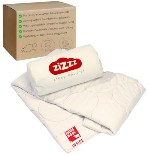 zizzz Schafwolldecke - Bettdecke aus Bio Baumwolle - 4 Jahreszeiten - Verschiedene Größen - Atmungsaktiv & weich - Woll Bettdecke mit Swisswool Füllung (290g/m2) - Hochwertiges Ganzjahr Duvet